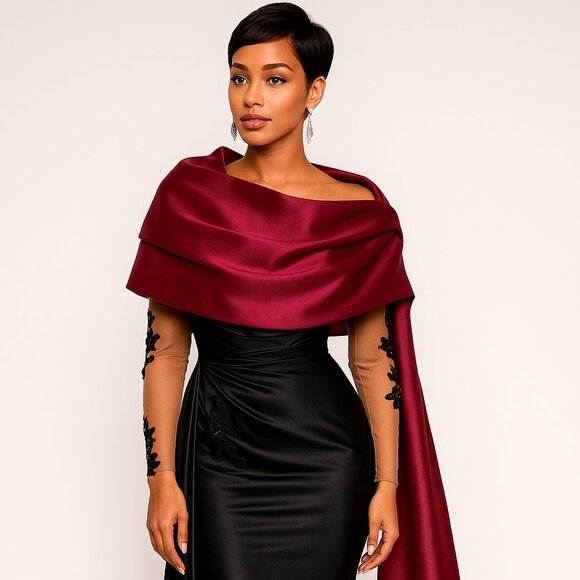 Elegant Satin Evening Wrap Shawl – Burgundy Wine Red - Picture 3 of 4